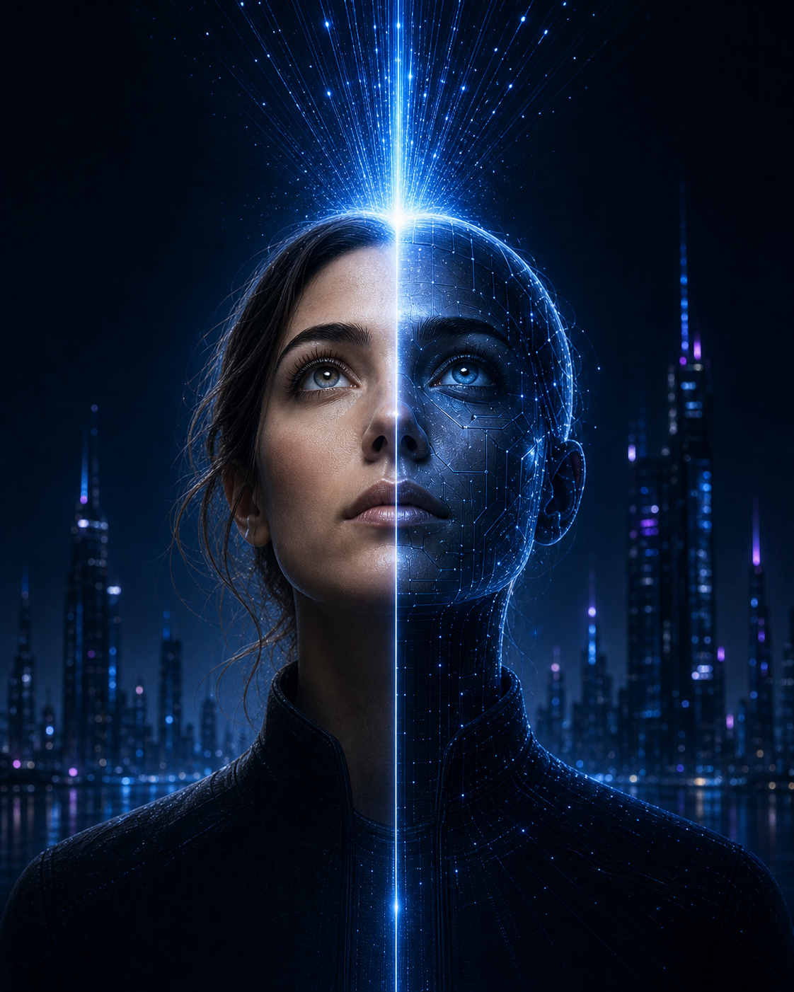 Half human half AI face looking upward toward future light